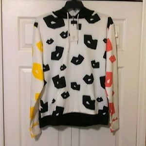 Lipstick Lex Women's White Knit Hoodie w Black, Red Yellow Lips Kisses SZ XL NWT
